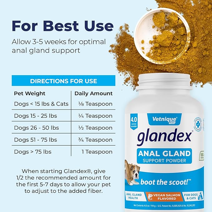 Vetnique Glandex Dog Fiber Supplement Powder for Anal Glands with Pumpkin, Digestive Enzymes & Probiotics - Vet Recommended (Regular or Advanced Strength) - Boot The Scoot (4.0 oz, Salmon)