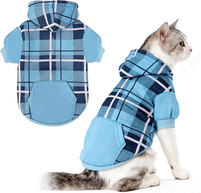 EXPAWLORER Plaid Cat Hoodie - British Style Warm Cat Sweater Shirt with Leash Hole,Pet Clothes Outfits,Winter Coat Apparel for Puppy Cats Girl Boy-Kitten Apparel,Blue S