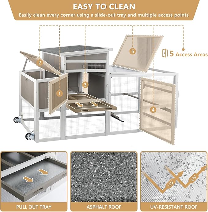 Chicken Coop with Run, Mobile Hen House with Wheels, Indoor/Outdoor Rabbit Hutch, Predator-Resistant, Nesting Box, 3 Perches, Tray, Combinable Design, for Chickens and Bunnies, Grey