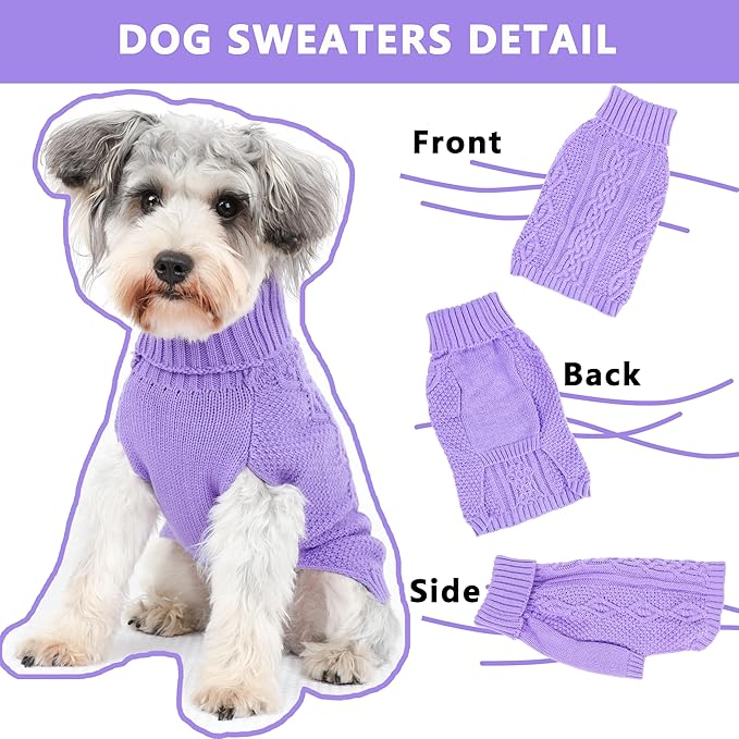 Dog Sweaters Small Dog Clothes Winter Turtleneck Puppy Sweater Warm Pet Cat Sweater Doggy Pullover Outfit with Twisted Design XS~XL (Purple, Medium)