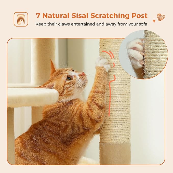 64.5-inch Tall Cat Tree for Indoor Cats, Plush Multi-Level Cat Tower with 7 Scratching Posts, 2 Top Perches, 2 Cozy Condos, Large Metal Frame Hammock & Pompoms, Sturdy Cat Playhouse,Beige