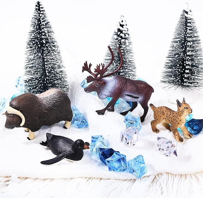 SIENON 60Pcs Arctic Animal Toy Set Includes 23Pcs Mini Polar Animals with Polar Bear, Penguin, Caribou, Puffin, Lynx, 1pc Igloo, 4Pcs Pine Trees, 32Pcs Fake Ice Rocks for School Project Cake Toppers