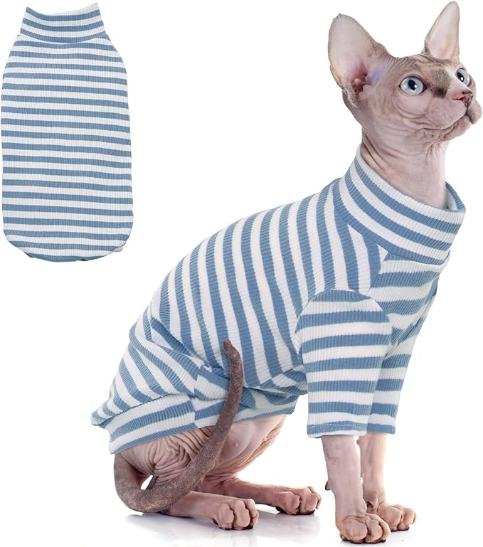 PUMYPOREITY Sphynx Cat Clothes: Soft Hairless Shirt With Sleeves, Stretchy Sweater, Pullover Pajamas Jumpsuit, Turtleneck Outfit for Sphynx Cornish Rex, Devon Rex - Blue, M