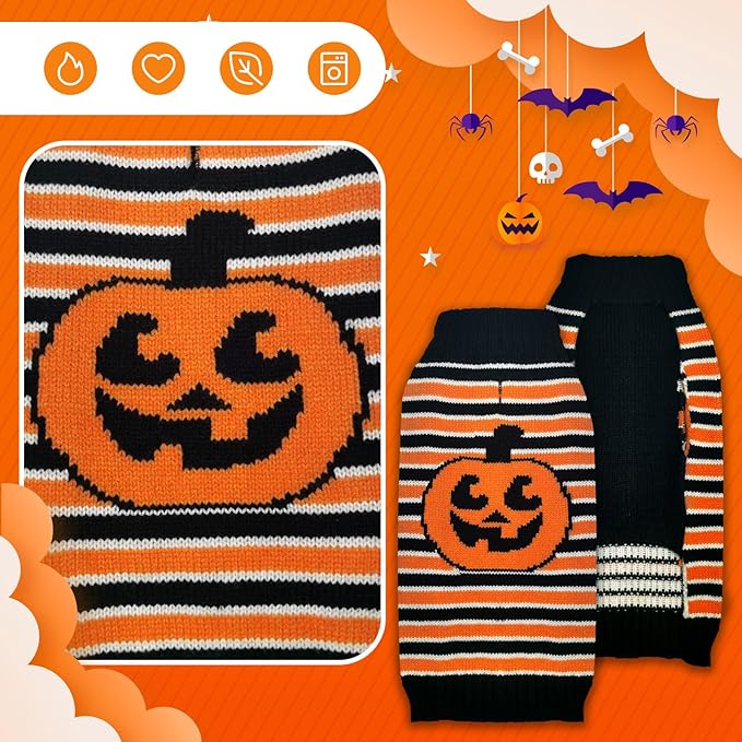 BAEJMJK Cute Halloween Dog Sweater Soft Striped Pumpkin Puppy Sweaters with Leash Hole Warm Turtleneck Pet Dog Clothes Costume for Small Medium Large Dogs Cats(X-Small)