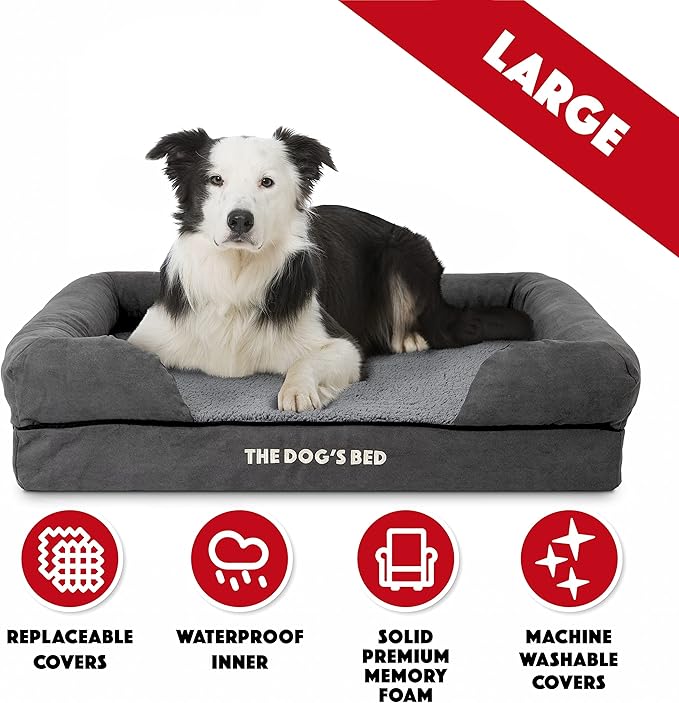 The Dog’s Bed, Large Grey Plush Memory Foam, Pain Relief: Arthritis, Hip & Elbow Dysplasia, Post Surgery, Lameness, Supportive, Calming, Waterproof Washable Cover, Veterinary Approved