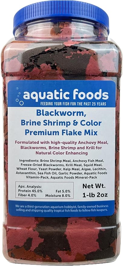 45% Blackworm & Red Brine Shrimp & Color Flake Mix for Cichlids, Discus, for All Community Tropical Fish. Aquatic Foods/Zeigler Flakes…1-lb 2oz Lg Jar