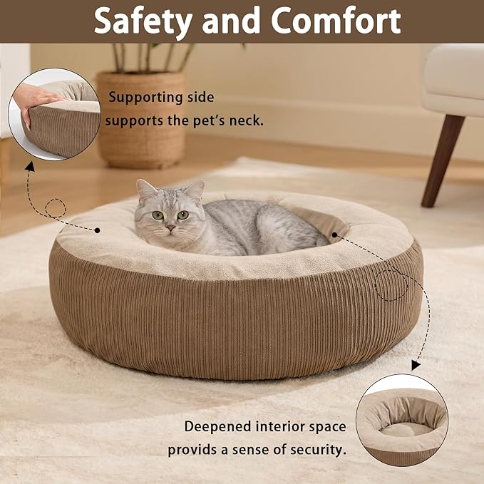 Calming Cat Bed with Anti-Slip Bottom, Washable Removable Round Cozy Pet Bed for Indoor Cats, Small Dogs, Kittens & Puppies 20”x20”x6”