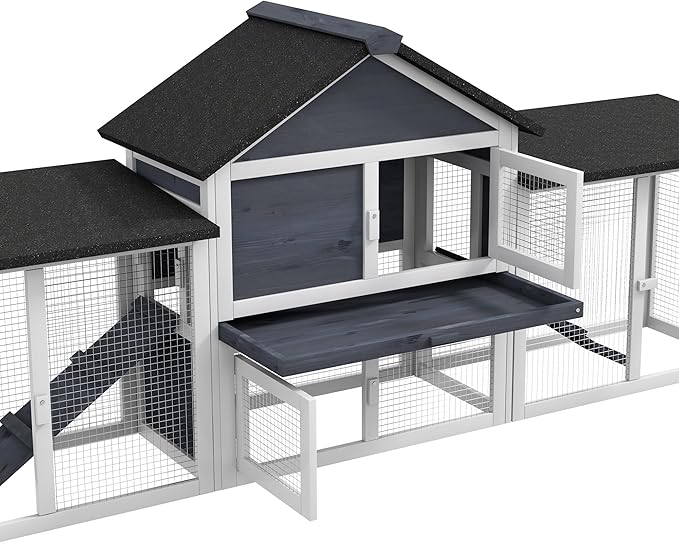 PawHut 83" L Outdoor Rabbit Hutch, Guinea Pig Cage Indoor Outdoor Wooden Bunny Hutch with Double Runs, Weatherproof Roof, Removable Tray, Ramps, Dark Gray