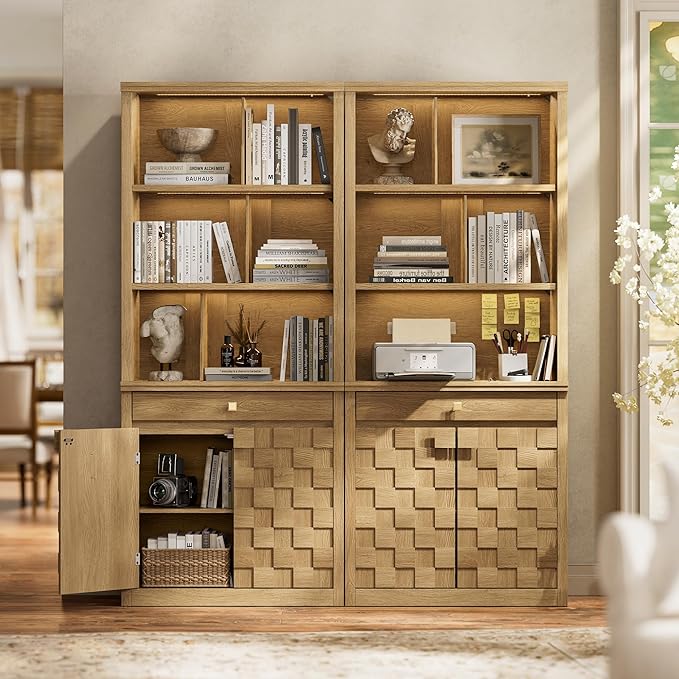 Fluted Bookcase with LED Light Set of 2, 72.2" Tall Standing Bookshelf with Drawer and Doors, Modern Storage Book Case Suite with 6-Tier Open Shelves for Office, Living Room, Bedroom (2, Original Oak)