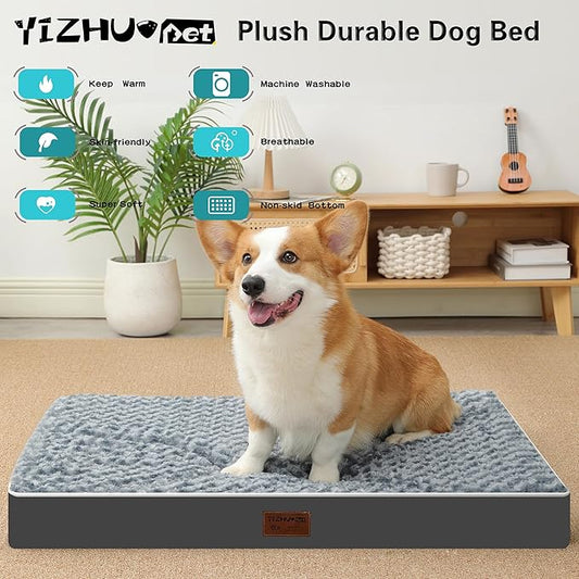 Dog Bed Mats for Medium Dog - Orthopedic Dog Pet Durable Crate Bed Mattress of Thick Egg Foam Crate, Rose Plush Washable Cover, Waterproof Lining and Non-Slip Bottom (M(30''x20''x3''), Grey Side)