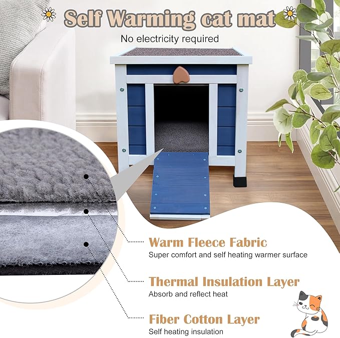 Deblue Outdoor Cat House with Self-Warming Mat, Weatherproof Cat House for Feral Cat, Cat Houses for Outdoor Cats (Blue House with Mat)