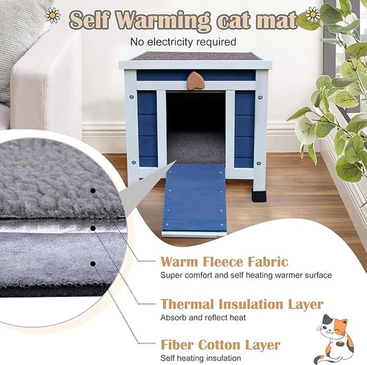 Deblue Outdoor Cat House with Self-Warming Mat, Weatherproof Cat House for Feral Cat, Cat Houses for Outdoor Cats (Blue House with Mat)