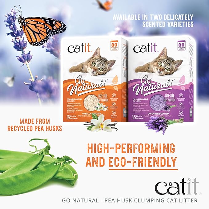 Catit - Go Natural Pea Husk Clumping Cat Litter - Lightweight, Dust Free, Easy Cleaning & Scooping, Flushable Kitty Litter with Odor Control & Subtle Fragrance - 12.3 Lbs, Vanilla Scented