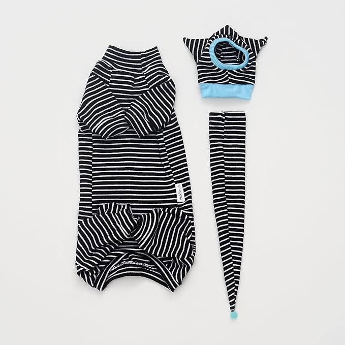 Sphynx Cat Clothes Black Stripe Breathable Shirts Suit, Pet Hat and Shirt Set (Small)