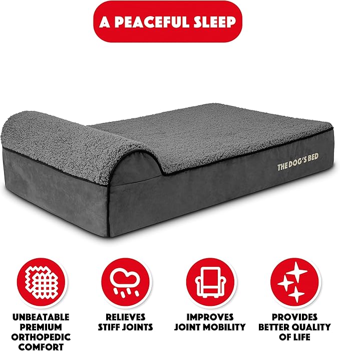 The Dog’s Bed Orthopedic Headrest Dog Bed Large Grey Plush 40x25, Memory Foam, Pain Relief for Arthritis, Hip & Elbow Dysplasia, Post Surgery, Lameness, Veterinary Approved, Waterproof Washable Cover