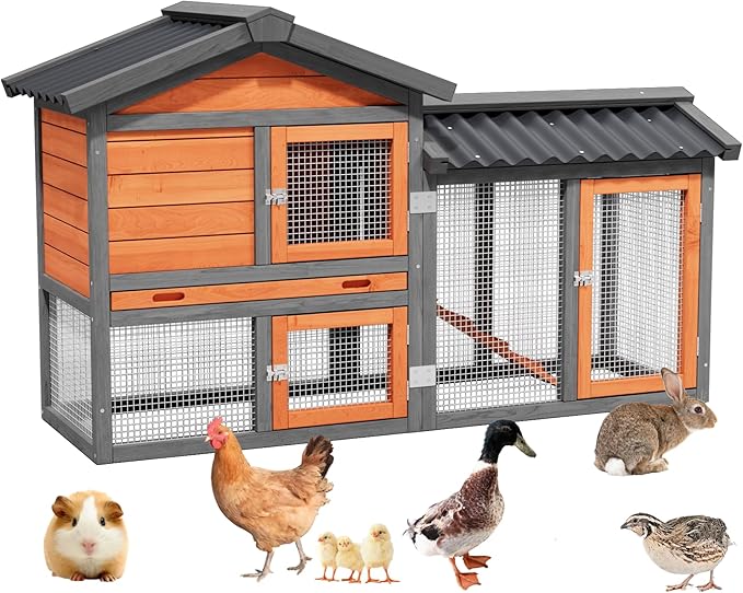 Chicken coop, Chicken Run,Small Wooden Duck Coop Outdoor 2-Tier Hen House All Weather Used Poultry Quail Cage Rabbit Pet Hutch House with Ramp for Small Animals-Expandable Design (Brown with Black)