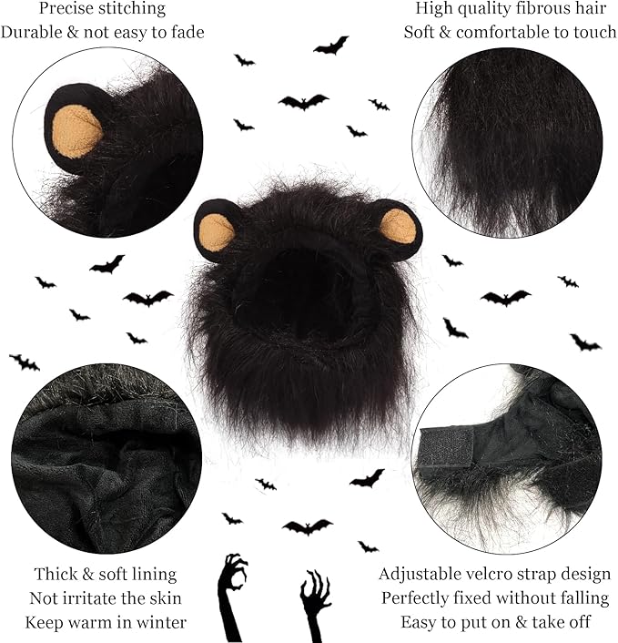 Lion Mane Halloween Costume for Small Cats & Puppy - Pet Outfit for Birthdays, Cosplay, Clothes (Black)