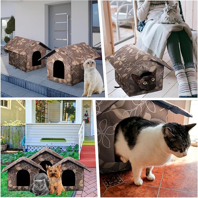Soaoo 3 Pcs Cat Houses for Outdoor Stray Cats Shelter Weatherproof Outside House Indoor Foldable Pet Cave with Tent Stakes for Wild Animal Dogs(Leaves Style)