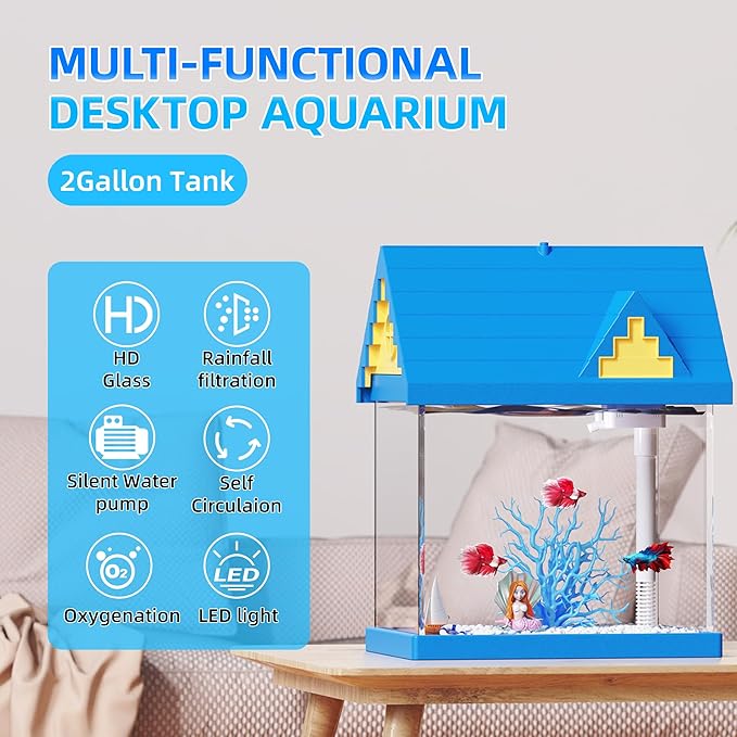FREESEA Aquarium Betta Fish Tank: 2 Gallon Glass Betta Tank with Filter and Light for Shrimp Jellyfish Goldfish - Small Aquarium Starter Kit for Home Office Room Decorative Desktop Kids Gifts