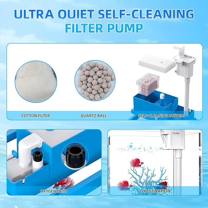 FREESEA Aquarium Betta Fish Tank: 2 Gallon Glass Betta Tank with Filter and Light for Shrimp Jellyfish Goldfish - Small Aquarium Starter Kit for Home Office Room Decorative Desktop Kids Gifts