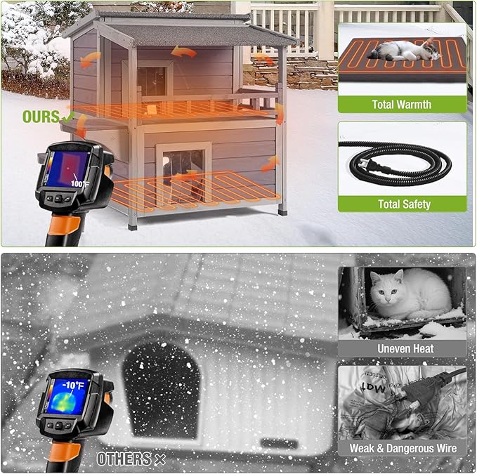 GUTINNEEN Heated Cat House for Outside, 2-Story Wooden Cat House Weatherproof for Winter Outdoor Feral Cat Shelter with Heater and Insulated Liner