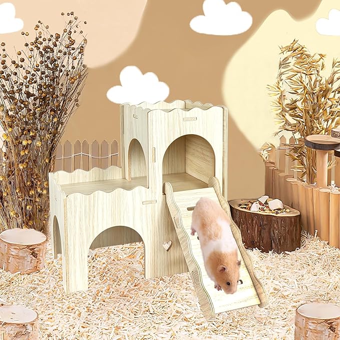 Wood Hamster Hideout House Habitat Wooden Maze Hide Hut with Platform Cage Accessories Toys for Syrian Dwarf Gerbils Mouse Mice Rat Other Small Animals etc. (02 Wave House)
