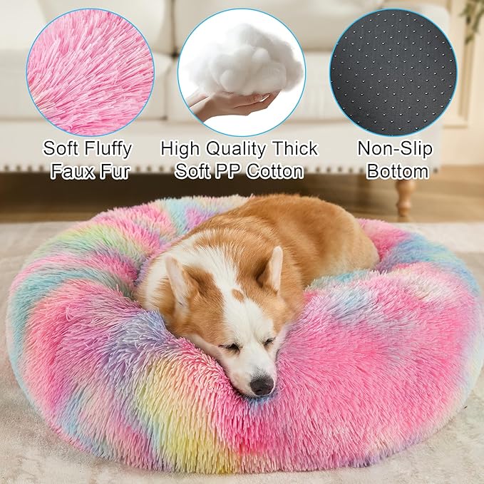Dog Calming Beds for Small Medium Large Dogs - Round Donut Washable Puppy Dog Bed, Anti-Slip Faux Fur Fluffy Donut Cuddle Anxiety Cat Pet Bed(24'' Color)