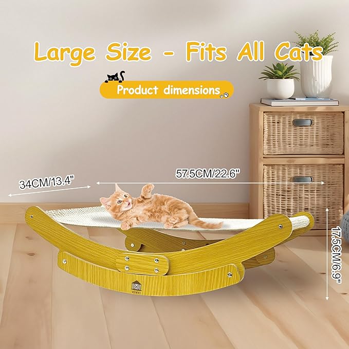 Sisal Cat Scratcher for Indoor Cats, Rocking Beds and Fixed Beds 2-IN-1Cat Hammock for Scratching Pad Cat Bed, Include 2 pcs Nartural Sisal Mats for Large Cats Scratcher Lounge, Wooden Cat Furniture