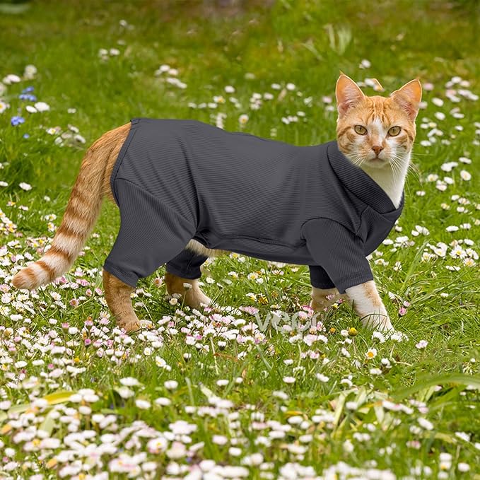 Sticky Hair Cat Clothes, Breathable & Lightweight, Reduces Shedding Fur Pajamas, Full Body Long Sleeve Surgical Bodysuit, Stop Licking & Shedding,Darkgrey,S