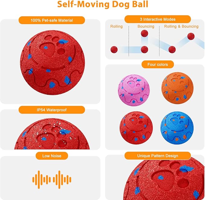Dog Balls: Interactive Dog Ball, Self-Moving Dog Toy with Auto-Rolling & Bouncing, E-TPU Material, IP54 Waterproof, Motion-Activated, for Small/Medium/Large Dogs (Red)