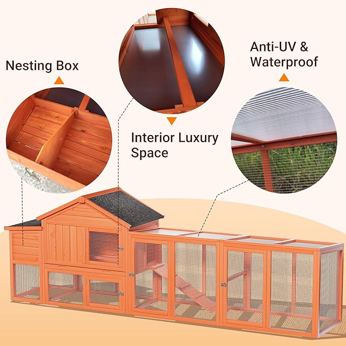 113.5" Large Wooden Chicken Coop with Run – Outdoor Hen House for 2-4 Chickens, Waterproof Roof, Nesting Box, Ramp & Perch, Predator-Proof, Removable Tray, Secure & Durable Natural