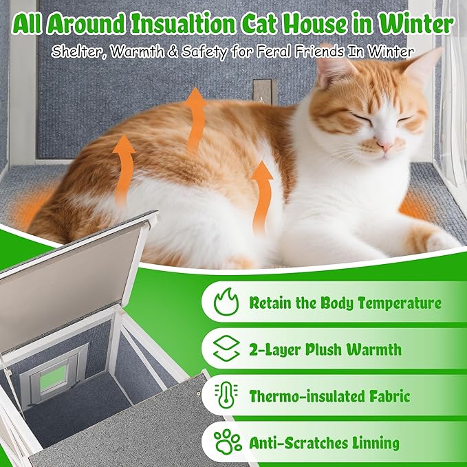 Insulated Outdoor Cat House Weatherproof Feral Cat Shelter for Winter Outside Cat Houses for 1-2 Cats Indoor Pets Condo with Waterproof Roof & Escape Door, 6.3" Raised Base & Balcony