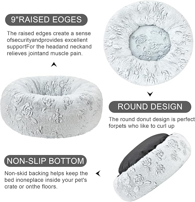 Dog Calming Beds for Small Medium Large Dogs - Round Donut Washable Puppy Dog Bed, Anti-Slip Faux Fur Fluffy Donut Cuddle Anxiety Cat Pet Bed (32" Rose)