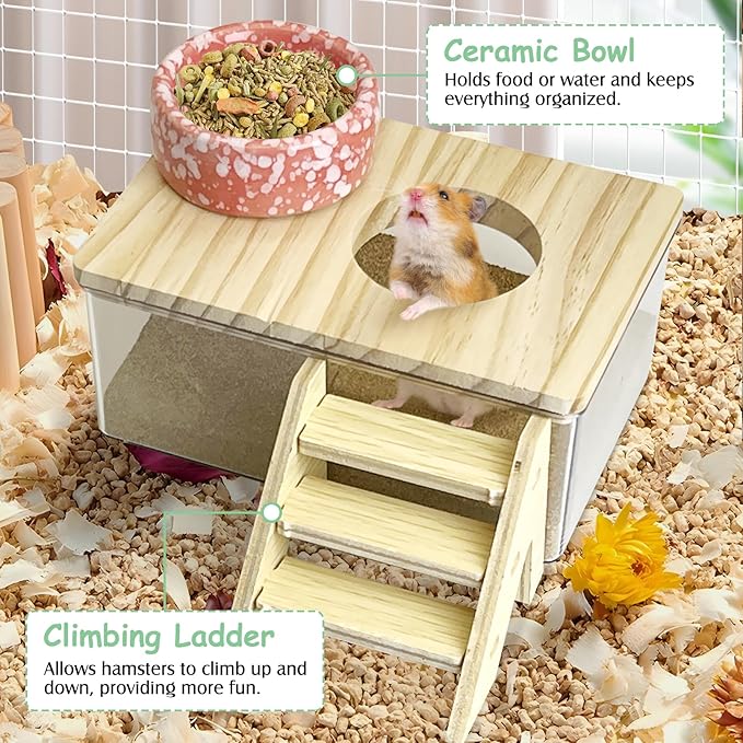kathson Hamster Sand Bath Box Transparent Acrylic Small Syrian Hamster Shower Bathtub Small Gerbil Digging Sand Container with Climbing Ladder and Ceramic Bowl Cage Accessories for Lemmings Mice