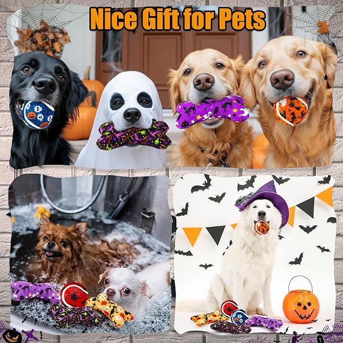 6 Pcs Halloween Dog Toys Puppy Tennis Balls and Squeaky Bone Toys Plush Interactive Pet Toy for Small Medium Large Dog Plush Chew Toy Puppy Training Toss Playing Gift