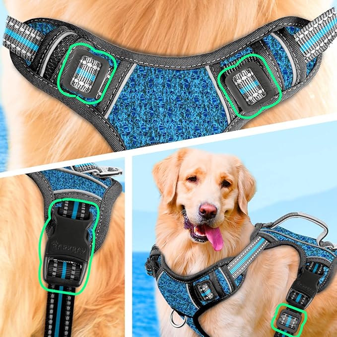 BARKBAY No Pull Dog Harness Large Reflective Dog Harness with Front Clip and Easy Control Handle for Walking Training Running with ID tag Pocket(Blue/Black,XL)