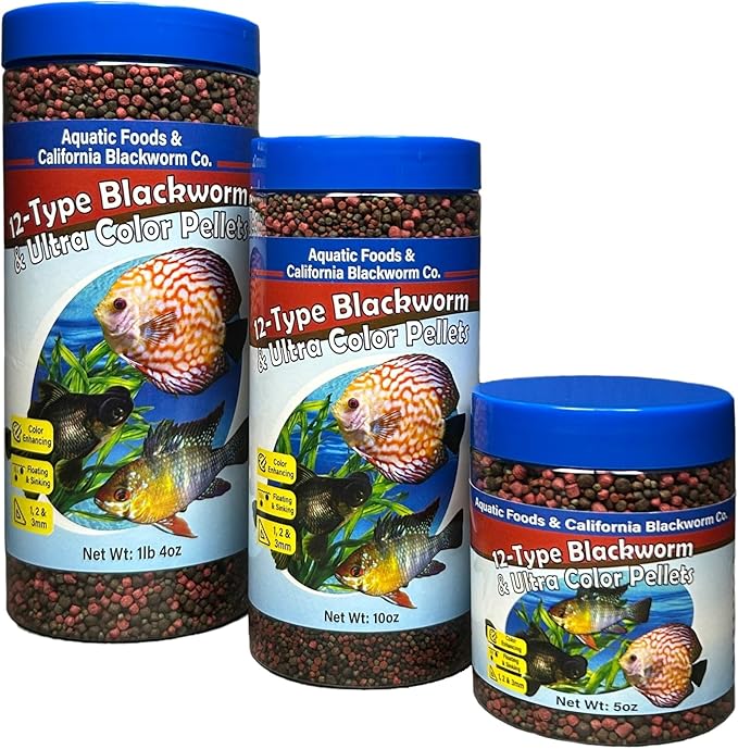 Aquatic Foods Inc. 12-Type Floating & Sinking California Blackworm & Coloring Pellets of 1mm, 2mm, 3mm Size for All Tropical Fish, Koi and Pond Fish, 4-Type Wafer Mix Included...5oz Canister