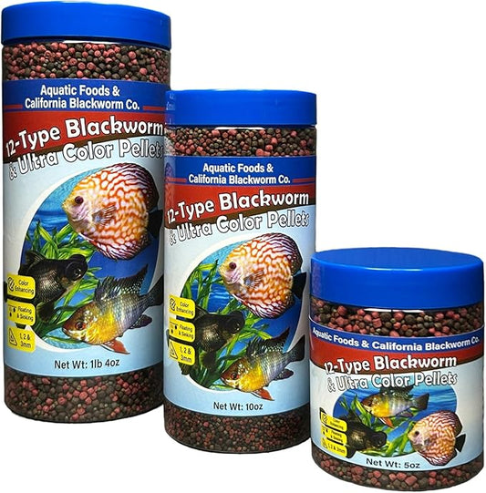 Aquatic Foods Inc. 12-Type Floating & Sinking California Blackworm & Coloring Pellets of 1mm, 2mm, 3mm Size for All Tropical Fish, Koi and Pond Fish, 4-Type Wafer Mix Included...5oz Canister