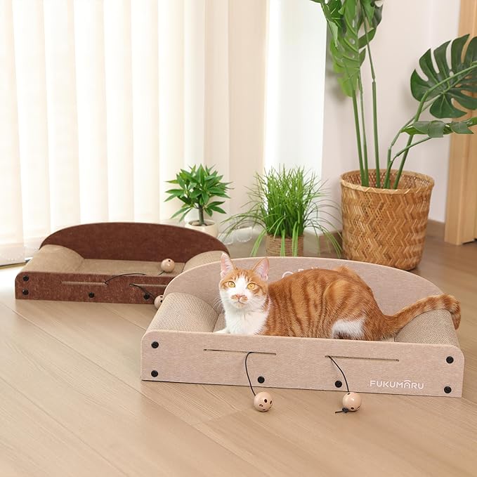 FUKUMARU 26 Inch Cat Scratcher Cardboard Lounge Bed, 2 Reversible Cat Scratch Pads Refill for Indoor Cats, Durable Cats Scratching Boards Extra Large Lounger Bed Sofa Couch with Ball Toy, Beige