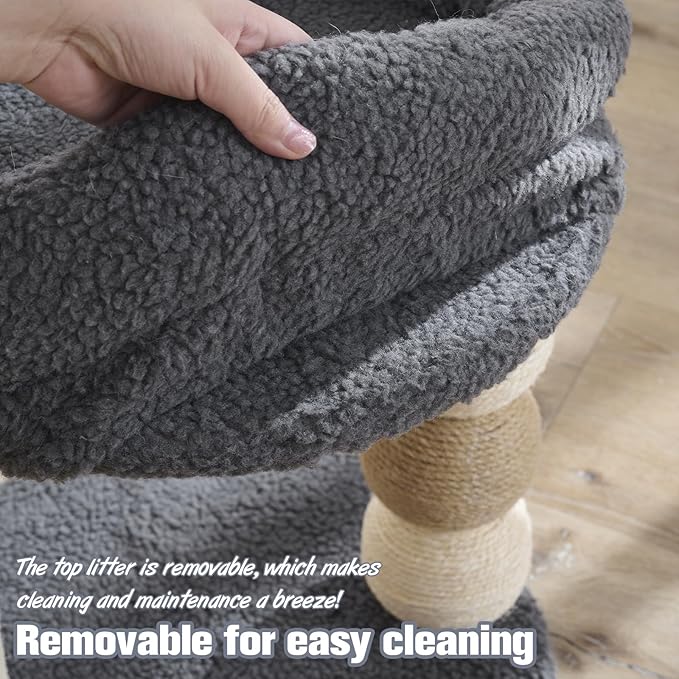 YOCAN Small Cat Tree Tower Indoor with Large Cozy Plush Top Perch, Natural Sisal Scratching Posts, Interactive Dangling Ball Great for Kittens and Cats (Gray)