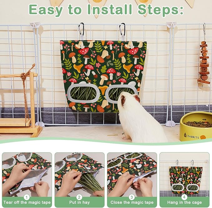 Glittme 2 Pack Guinea Pig Hay Feeder, 11.5x9 Inch Hay Bag for Rabbits, Hanging Hay Holder for Guinea Pigs Cage Hay Feeder for Bunny, Small Pets,Green Mushroom