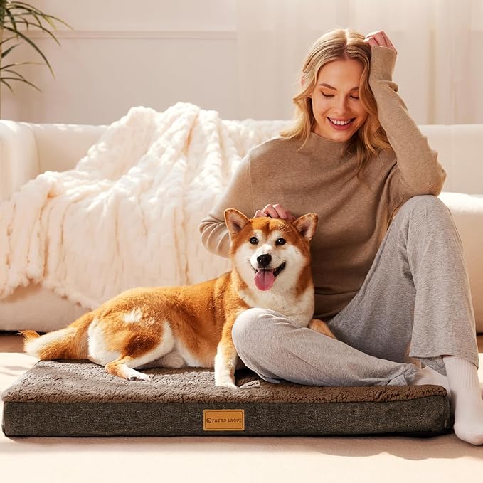 Patas Lague Orthopedic Dog Bed Medium Size Dog 30''X20'', Soft Comfortable Waterproof Egg Crate Foam Medium Pet Crate Beds Mat with Removable Washable Cover and Non-Slip Bottom, Brown