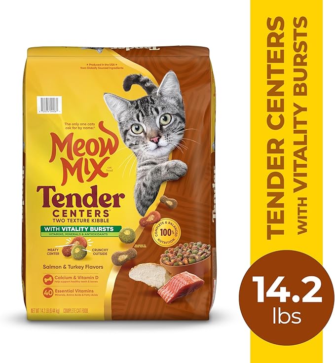 Meow Mix Tender Centers Dry Cat Food, Salmon & Turkey with Vitality Bursts, 14.2 Pound Bag