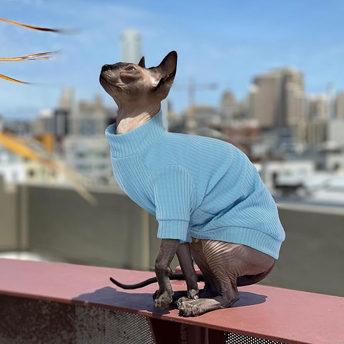 Pumyporeity Stretchy Cat Shirt & Sweater with Sleeves - Sphynx & Devon Rex Cat Clothes, Soft Blue Pullover Pajama
