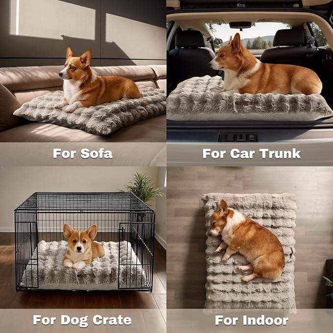 WDCOZY Fluffy Dog Crate Beds for Large Dog, Plush Faux Fur Kennel Pad with Removal Washable Cover, Soft Pet Mat for Sleeping & Ease Anxiety, Anti-Slip Bottom for Pet Up to 60 lbs, 36"x23", Beige