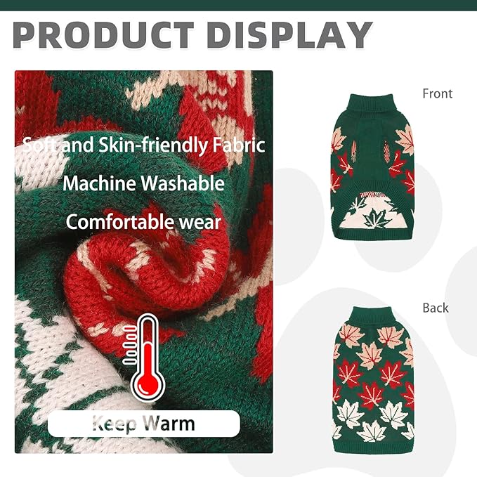KOOLTAIL Fall Dog Sweater, Thanksgiving Dog Sweater with Autumn Maple Leaf Pattern, Cold Weather Pet Knitted Winter Coats Clothes Turtleneck Pullover for Small Medium Large Dogs Cat Boy Girl, Green M