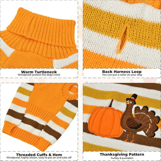 Vehomy Thanksgiving Dog Sweater Pet Pumpkin Turkey Clothes Costume Cat Stripe Turtleneck Knitwear Shirt Pullover Dog Puppy Thanksgiving Clothes for Small Medium Large Dogs Cats 3XL