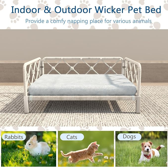 Wicker Dog Bed with 2" Cushion,Rattan Dog Sofa Bed for Small Medium Dogs– Indoor/Outdoor Metal Frame Pet Bed up 66lbs (Grey Rattan Grey Cushion)