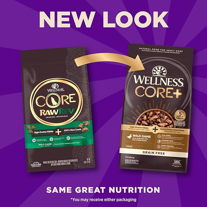 Wellness CORE+ (Formerly RawRev) Natural Grain Free Dry Dog Food, Wild Game Duck, Wild Boar & Rabbit with Freeze Dried Lamb, 10-Pound Bag