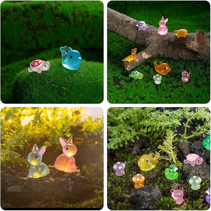 200PCS Luminous Mini Resin Ducks Tiny Frog Flamingo Glow in The Dark Animals Mushroom Rabbit Dolphin Dollhouse Landscape Garden Micro Décor Aquarium Potted Figurine Turtle Lizard DIY Hide Seek Prank